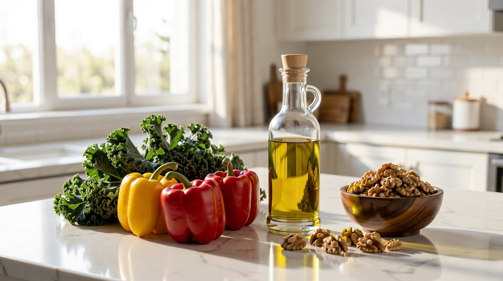 Frische gesunde Zutaten auf einer hellen Arbeitsplatte